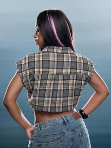 Denimoi Boxy Crop Top Plaid Collared With Raw Edges Fashionable Streetwear Grunge Everyday Daytime Grey Plaid Summer Going Out - Grey - View 5