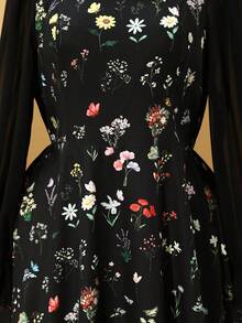Rometta Plus Size Women's Floral Print Square Neck Mesh Long Sleeve Elegant Dress - Black - View 3