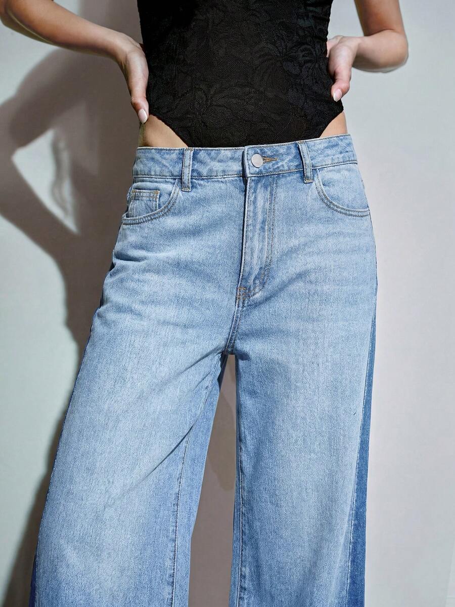 MOTF PREMIUM SPRING/SUMMER SIDE COLOR BLOCK WIDE LEG JEANS, URBAN CHIC DAILY WEAR - Light Wash - View 2