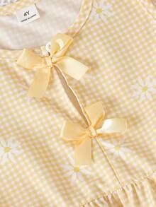 SHEIN Elladie kids 女童新款清新田園風精緻碎花兩件套，棕色蝴蝶結裝飾背心上衣 + 同款碎花寬腿長褲，甜美可愛時尚日常穿搭，夏季 - 黃色 - 查看 7