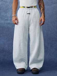 PAVTROS Men's Letter Print Denim Elastic Waist Wide Leg Casual Sweatpants - Grey - View 4