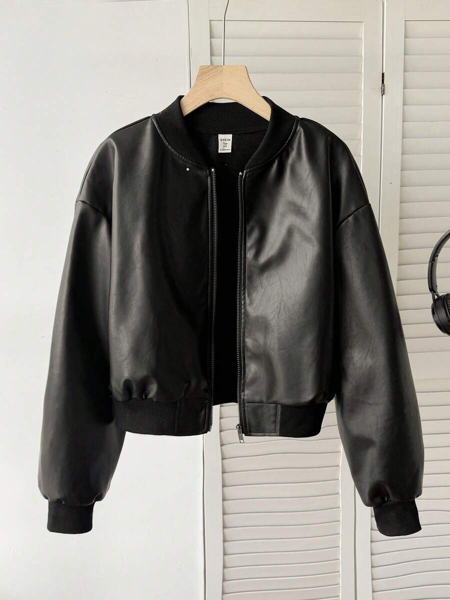 SHEIN Teen Girl PU Leather Casual Street Style Baseball Jacket , Fall/Winter - Black - View 1