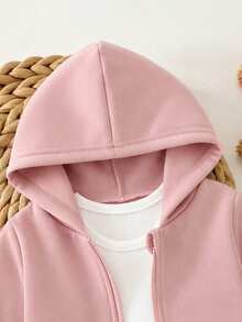 SHEIN 女嬰可愛灰色針織連帽外套與鬆緊腰長褲套裝 - 粉色 - 查看 5