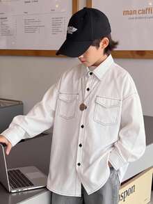 SHEIN 兒童青少年男孩休閒拼色對比縫線翻領白色襯衫，秋季衣物，秋冬衣物，冬季衣物，適合秋冬/冬季，學校，返校，運動 - 白色 - 查看 4