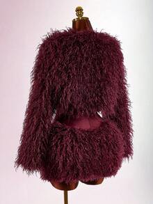 Amplova Women's Cropped Shawl Collar Wool Blend Top, Sexy Avant-Garde Mini Jacket, Suitable For Autumn/Winter Party And Date Outfits - Red - View 7