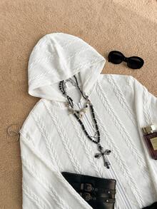 Attitoon Y2K White Top  Solid Color Hooded  Versatile  Wear Sweatshirt Going Out Outfits - White - View 7