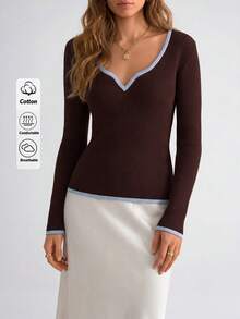 SHEIN Brown And Blue Contrast Trim Deep V-Neck Ribbed Knit Top Fitted Long Sleeve Slim Silhouette Chic Casual Sexy Basic Pullover Night Autumn Holiday Work - Brown - View 8