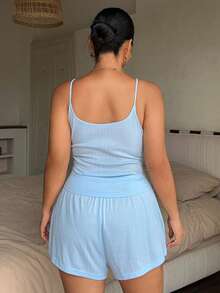 Dazy Plus Solid Color Fitted Bow Decor Camisole Top & Shorts 2-Piece Lounge Set, Spring/Summer Blue Pajama Set - Blue - View 2