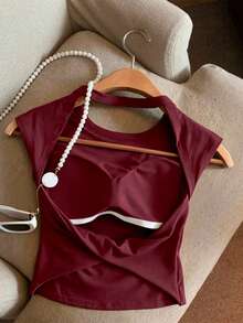 Top casual de mujer de unicolor con diseño sin espalda y cuello redondo - Burdeos - Ver 2