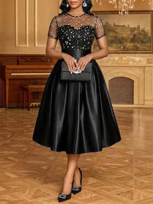 SHEIN Lady Plus-Size Elegant 1950s Vintage 1920s Party Formal Evening Cocktail Dress With Polka Dot Print, Mesh Paneling, Pleated Waist, Satin Hem Black - Black - View 4