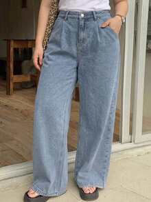 Dazy Plus Loose Pleated Casual Straight Leg Jeans, Slimming Long Denim Pants, Versatile Spring Summer Autumn New Arrival - Medium Wash - View 1