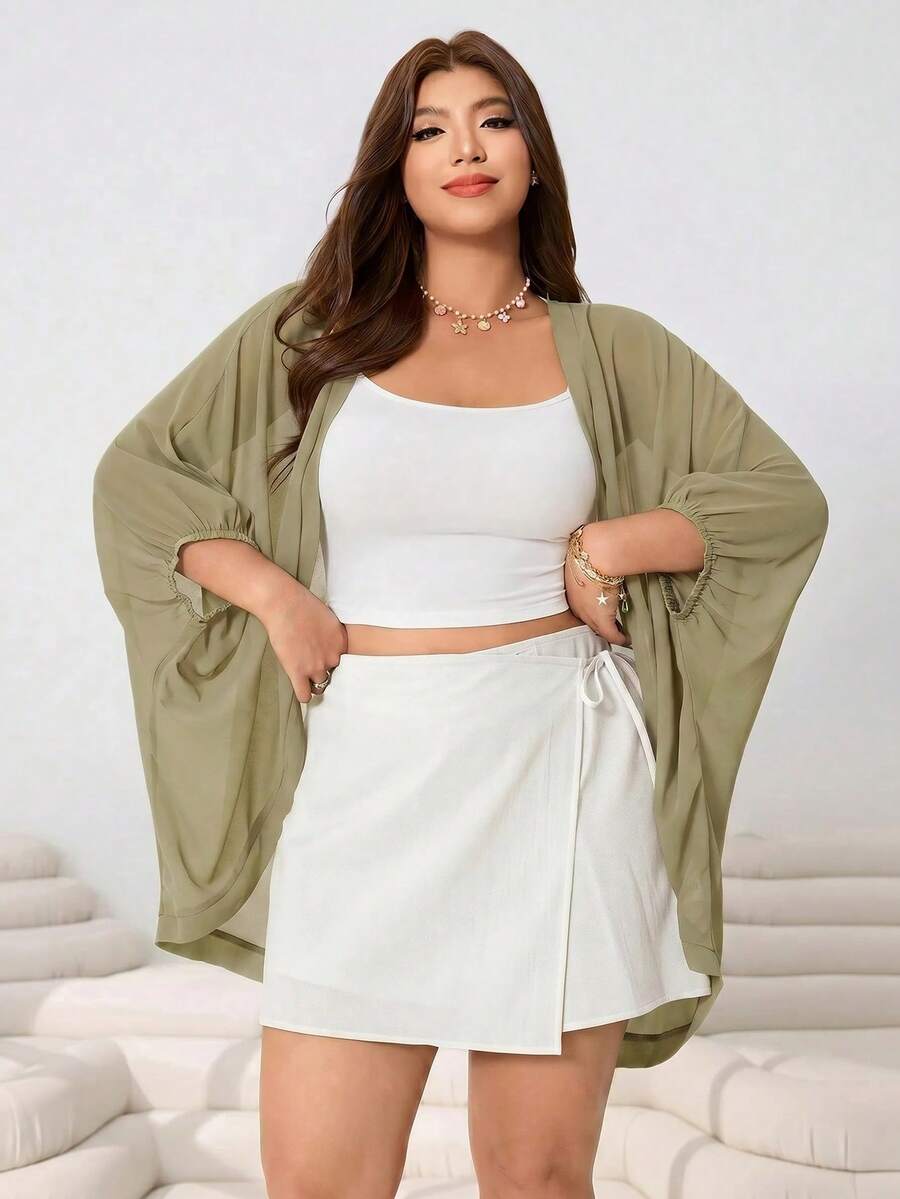Solflare Plus Size Solid Color Batwing Sleeve Lightweight Jacket Fall - Army Green - View 1