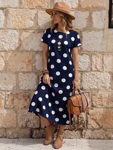 EMERY ROSE Vestido de mujer con mangas cortas y cuello redondo con estampado de lunares para el verano - Azul Marino - Ver 1