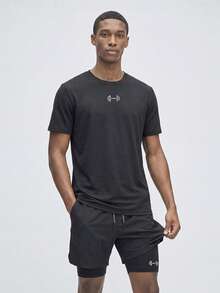 Nelvento Soul Men's Barbell Print Short Sleeve T-Shirt And Drawstring Waist Shorts Sports Suit, Gym - Black - View 3