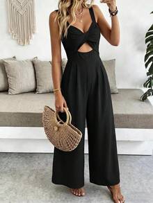 SHEIN VCAY 女款夏季前打結開衩寬腿細肩帶連身褲 - 黑色 - 查看 9