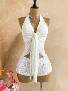 Soleia Women's Sexy Solid Color Halter Neck V-Neck Knot Asymmetrical Hem Tank Top Beach White Summer - White - View 6