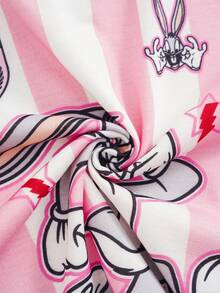 LOONEY TUNES X SHEIN Young Girl Fun Sporty Style Striped Cartoon Pattern Print Short Sleeve Round Neck T-Shirt - Pink - View 6