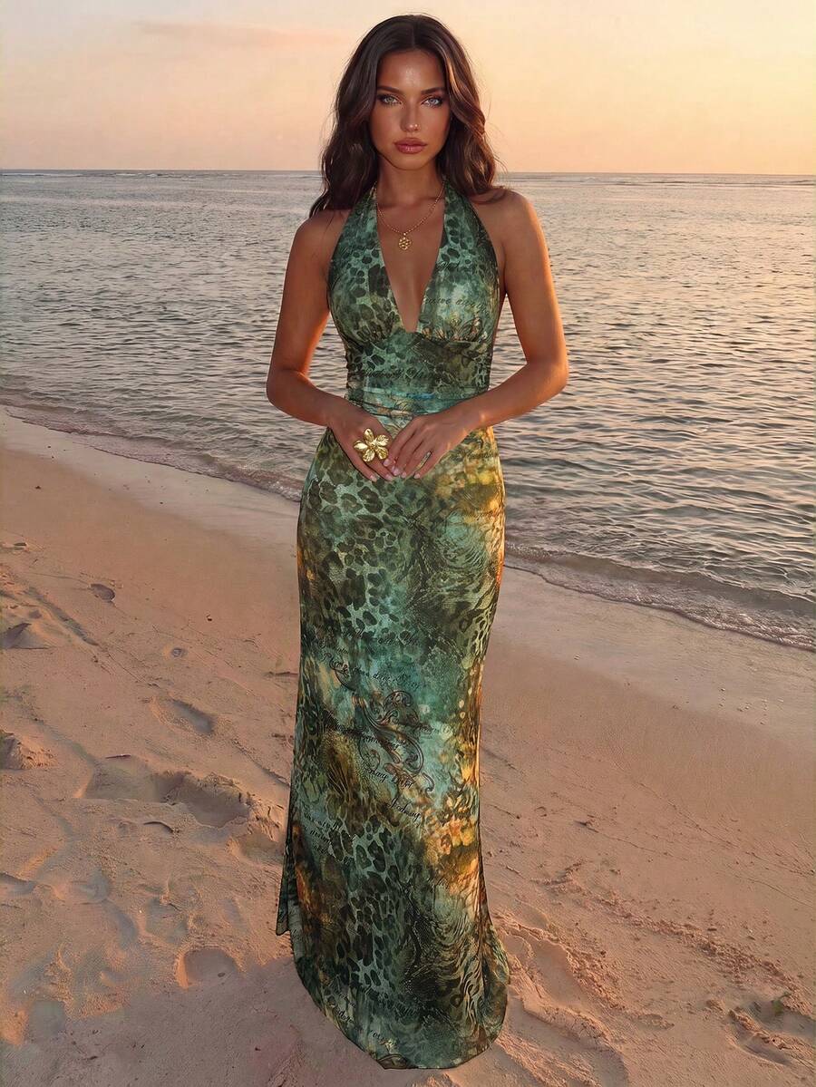 Aloruh Women's Vacation Mixed Material Patchwork Fitted Ruched Mini Dress Beach Vacation Green Leopard Print Summer Sexy Tropical - Multicolor - View 1
