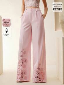 Anewsta Petite Women's Summer Heavy Embroidery 3D Hollow Floral Silk Pink Wide Leg Long Pants - Pink - View 1