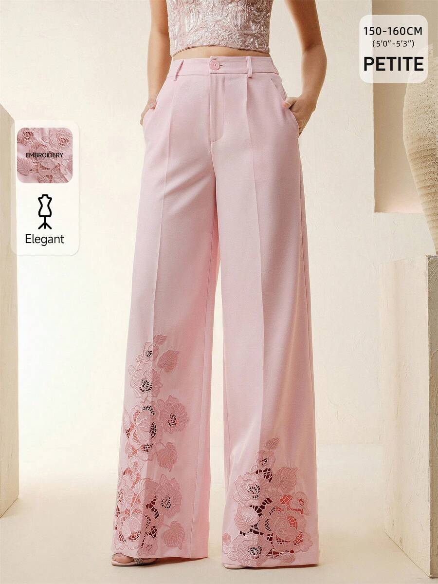 Anewsta Petite Women's Summer Heavy Embroidery 3D Hollow Floral Silk Pink Wide Leg Long Pants - Pink - View 1