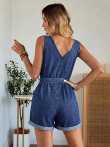 EMERY ROSE EMERY ROSE Mono y mono corto de mezclilla de verano con cuello en V, sin mangas, tirantes anchos y botones delanteros de moda para mujer - Azul lavado oscuro - Ver 3