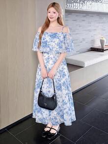 Bijouette Plus Size Women's Floral Print Ruffle Ruffle Adjustable Strap A-Line Dress Suitable For Dates Evening Wedding Blue And White Summer Elegant - Blue and White - View 1