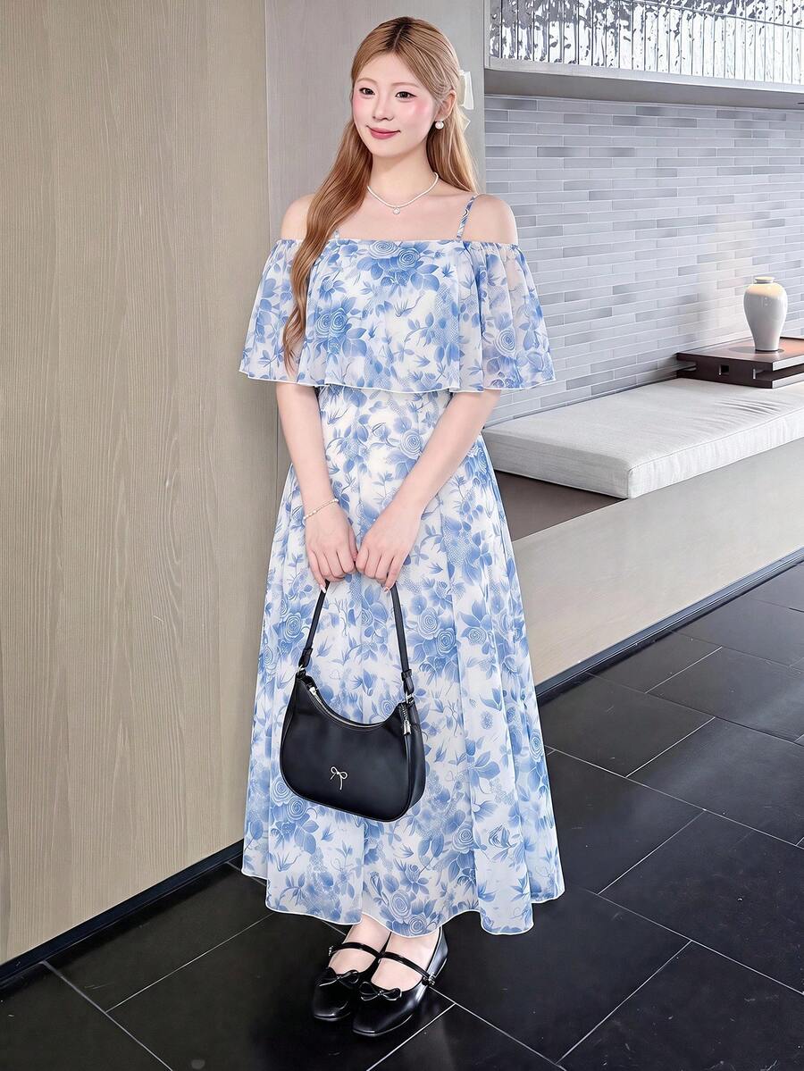Bijouette Plus Size Women's Floral Print Ruffle Ruffle Adjustable Strap A-Line Dress Suitable For Dates Evening Wedding Blue And White Summer Elegant - Blue and White - View 1