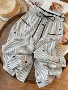 GlowEve CURVE Plus Size Striped Bowknot Casual High Waist Slimming Straight Leg Pants, Summer Outfits For Going Out And Office Commute Bottoms Fall - Black and White - View 1