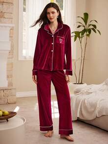 Moireta Contrast Trim Patch Pocket Long Sleeve Top & Pants Fluffy Pajama Set, Velvet Lounge Set, Fall Winter Clothes, Cozy - Burgundy - View 6