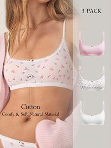 Ocili 3pcs/Set Printed Floral Pure Cotton Knitted Comfortable Women's Bra With Bud Decoration - Pink - View 1