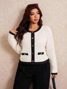 Elaquor Plus Size Autumn/Winter Casual Elegant Contrast Trim Cardigan Office Formal Black And White - Apricot - View 7