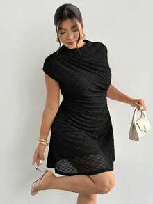 Firerie Plus Size Autumn New Arrival Stand Collar Sleeveless Ruched Flared Hem Elegant Romantic Tea Party Cocktail Date Night Graduation Dress Women Black - Black - View 7
