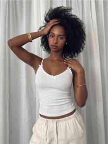 Livesso Summer Autumn Spaghetti Strap Bow Decor Square Neck Fitted Solid All White Polka Dot Women's Tank Top Lounge Cute Everyday House Romantic - White - View 4