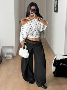 Coolane 女款四季街頭風時尚休閒節慶舒適黑色寬鬆不對稱領短版T恤 - 白色 - 查看 2