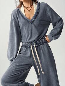 Bohemela Herbst Lässig einfarbiger gestrickter gewaschener lockerer Schnitt Damen Jumpsuit Reise Grau - Dunkelgrau - Übersicht 6