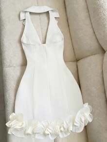 SHEIN Franclia 女款白色翻領+V領修身荷葉邊拼接優雅洋裝，白色洋裝，夏季洋裝，女款度假穿搭，女款派對洋裝，沙灘穿搭，婚禮派對洋裝，外出穿搭，女款優雅洋裝，度假穿搭，鄉村音樂會穿搭，荷葉邊洋裝 - 白色 - 查看 3