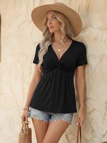 EMERY ROSE Women's Front Twist Ruched V-Neck Short Sleeve T-Shirt, Summer Tee - Black - View 3