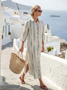 Faunlyn Robe d'été décontractée fendue à simple boutonnage blocs de couleurs pour femmes - Multicolore - Voir 9