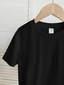 SHEIN Tween Girl Knitted Solid Color Crew Neck Fitted Casual T-Shirt - Black - View 6