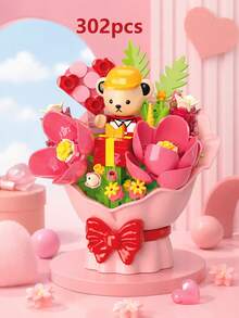 POKOJA LAND Cute Forever Flower Building Blocks Bouquet With Hidden Mini Teddy Bear, DIY Assembly Floral Brick Model, Tabletop Home Decor, Ideal Holiday Present For Girls & Lovers - Multicolor - View 3