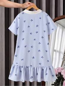 SHEIN 青少年女孩 Polo 領藍白條紋櫻桃印花短袖中長洋裝，返校季 - 藍色 - 查看 3