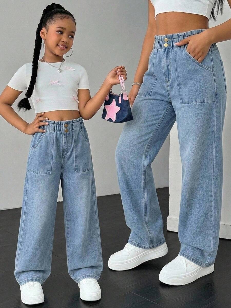SHEIN 少女休闲波西米亚风假日平底阔腿牛仔裤,腰部平坦,口袋设计,日常穿着 - 中等水洗藍 - 查看 1