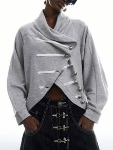 LYSMO Women's Fashion Vintage Wrap Single-Breasted Raglan Long Sleeve Sweatshirt - Light Grey - View 2