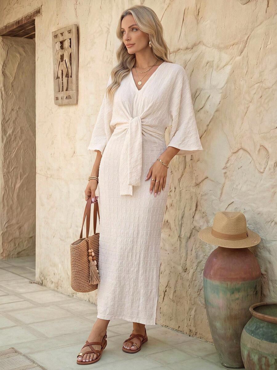 EMERY ROSE Đầm Maxi thường ngày màu trơn cổ chữ V dài tay buộc dây phía trước cho nữ - Màu be - Xem 1