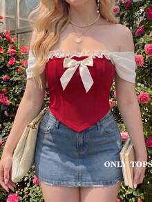SHEIN MOD Plus Size Women Red Bow Front Lace Trim Paisley Hem Bustier Corset Top – Vintage Elegant Court Style, Date Tea Party Summer - Red - View 6