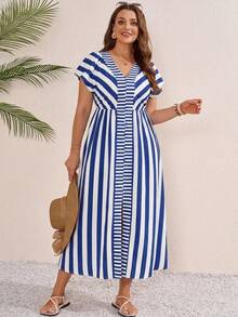 Rosumi Gaun Karaoke Kasual Musim Panas Wanita Ukuran Besar Motif Garis-garis Biru & Putih - Blue and White - View 2