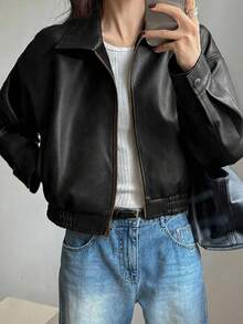 DAZY Women's PU Material Pocket Long Sleeve Fashion Versatile Jacket ,Petite Women School - Black - View 5
