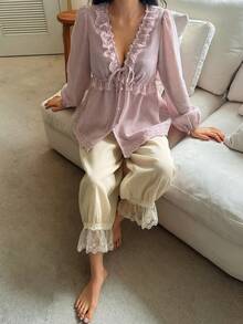 DAZY Women's Solid Color Contrast Lace Front Tie Long Sleeve Top And Pants Pajama Set - Apricot - View 1