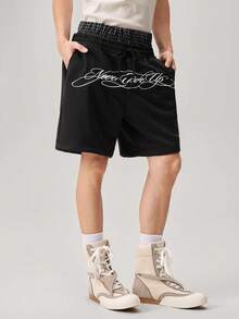 Men's Contrast Color Waistband Embroidered Text Casual Pocket Shorts, Holiday - Black - View 5