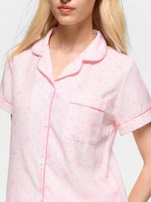 Bonmuse Polka Dot Bow Print Women Bubble Crinkle Short Sleeve Shorts Pajama Set - Pink - View 6
